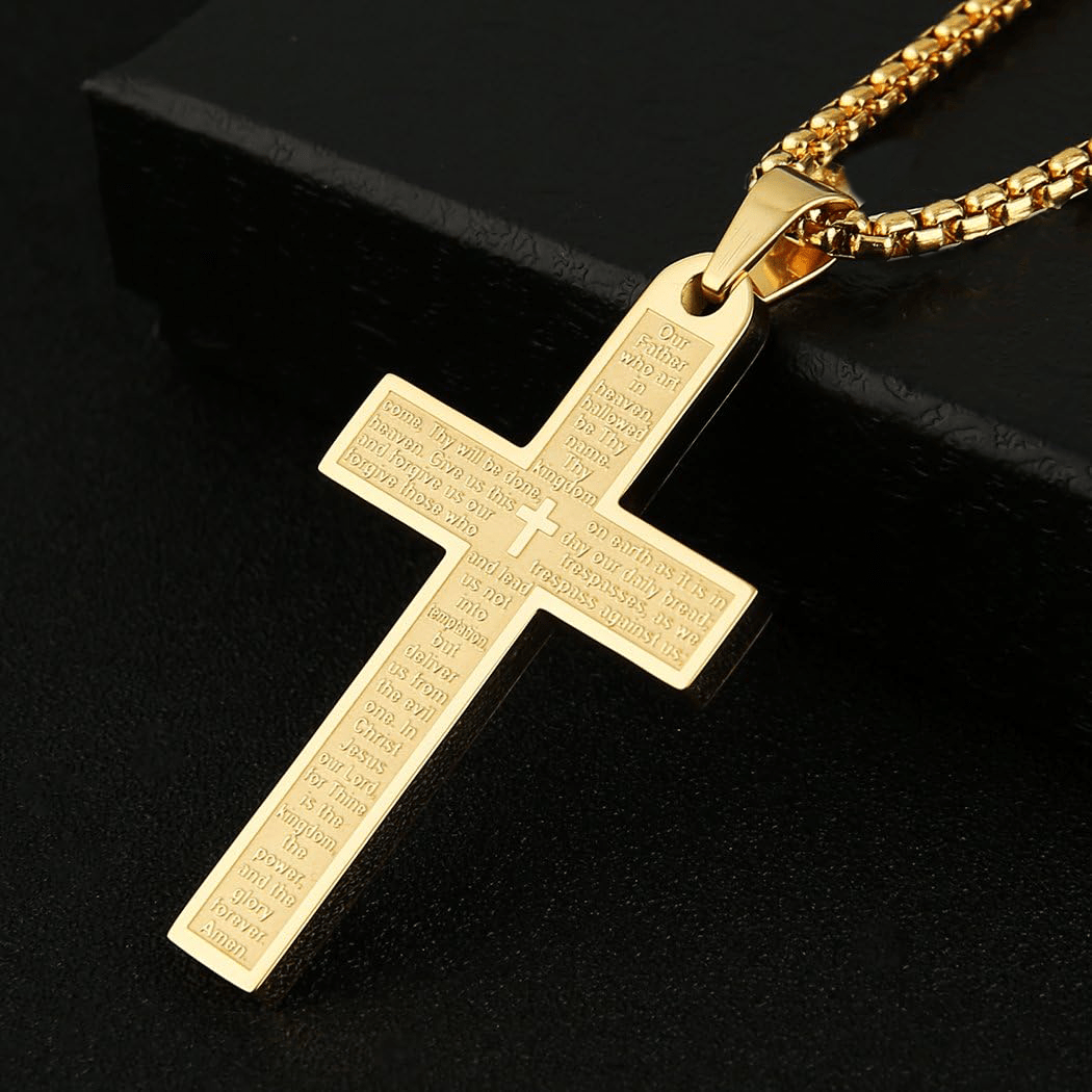 Stainless Steel Lord's Prayer Pendant Cross Necklace