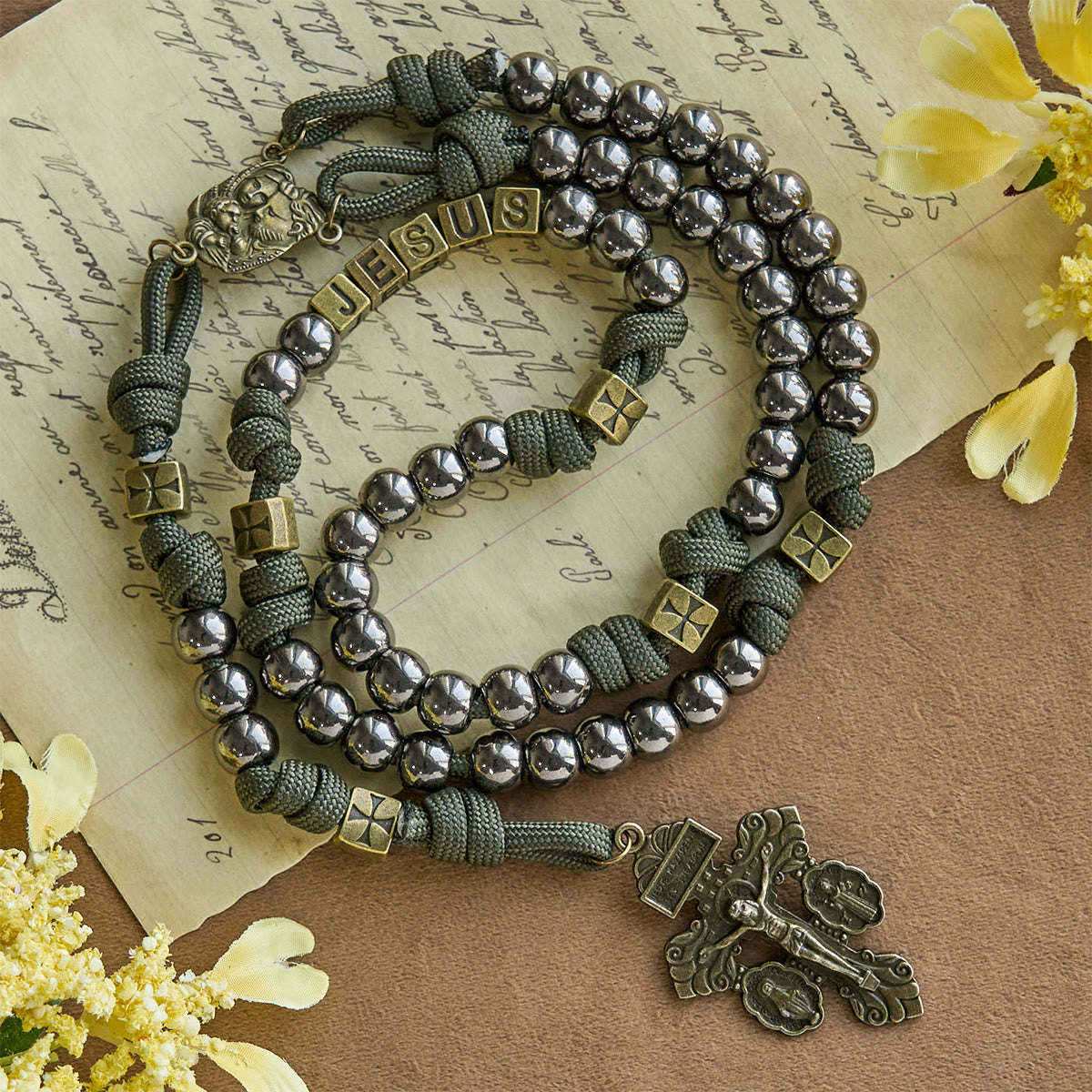 Military-Style Paracord Rosary with Silver-Toned Beads and Brass JESUS Centerpiece