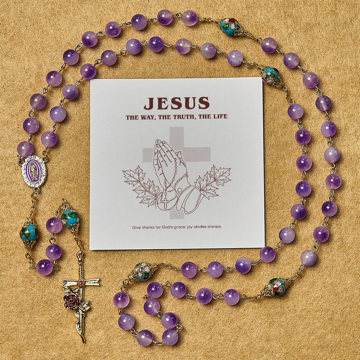 Vintage-Style Purple Crystal and Cloisonne Rosary with Floral Cross and Marian Center