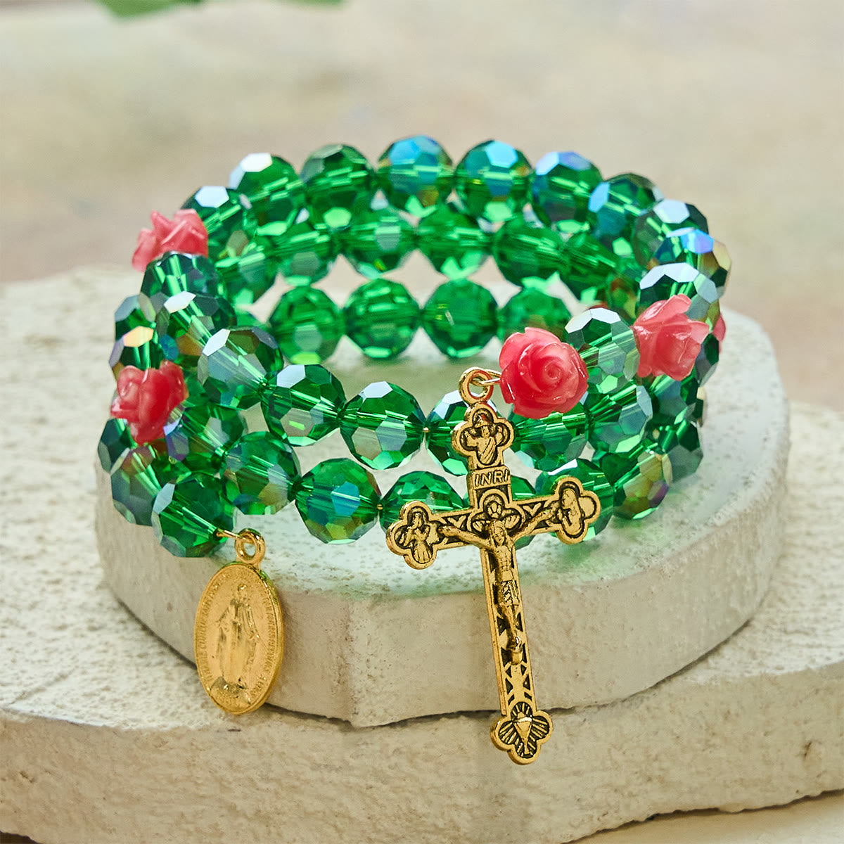 Green Crystal and Rose Rosary Bracelet