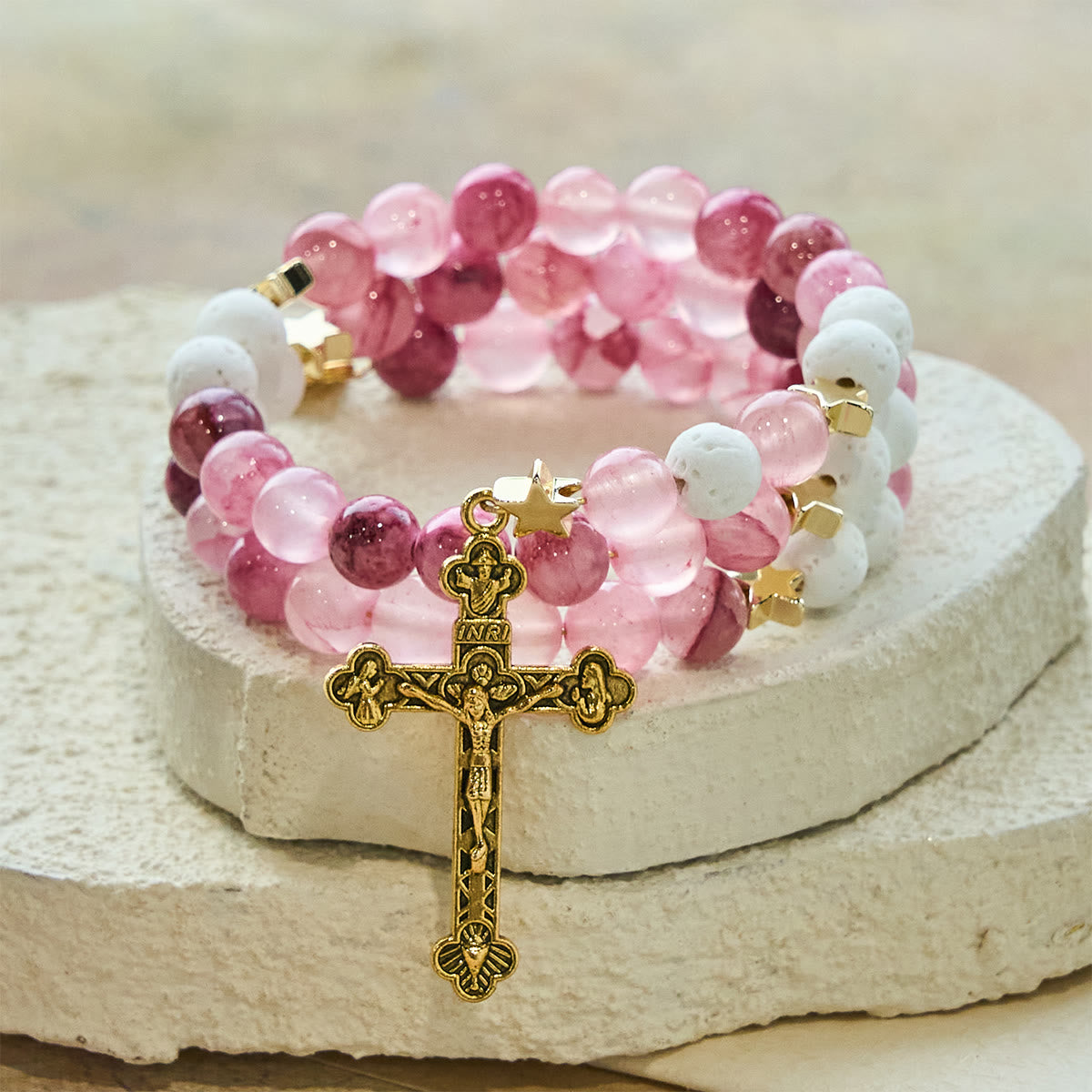 Gypsum and Rose Red Agate Rosary Bracelet