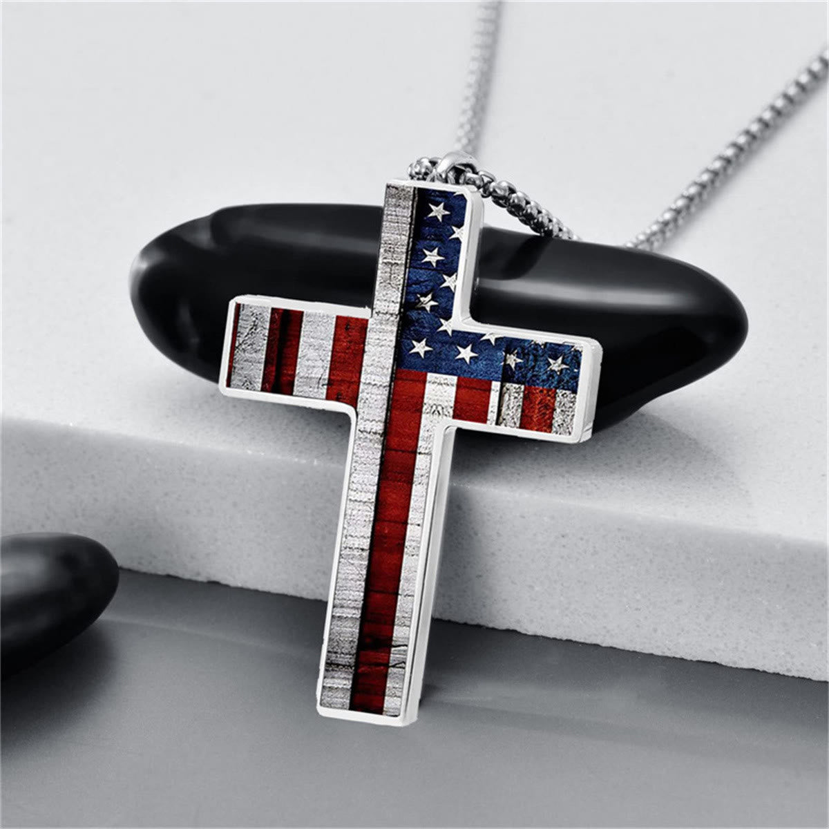 Metal Cross Necklace with American Flag Motif