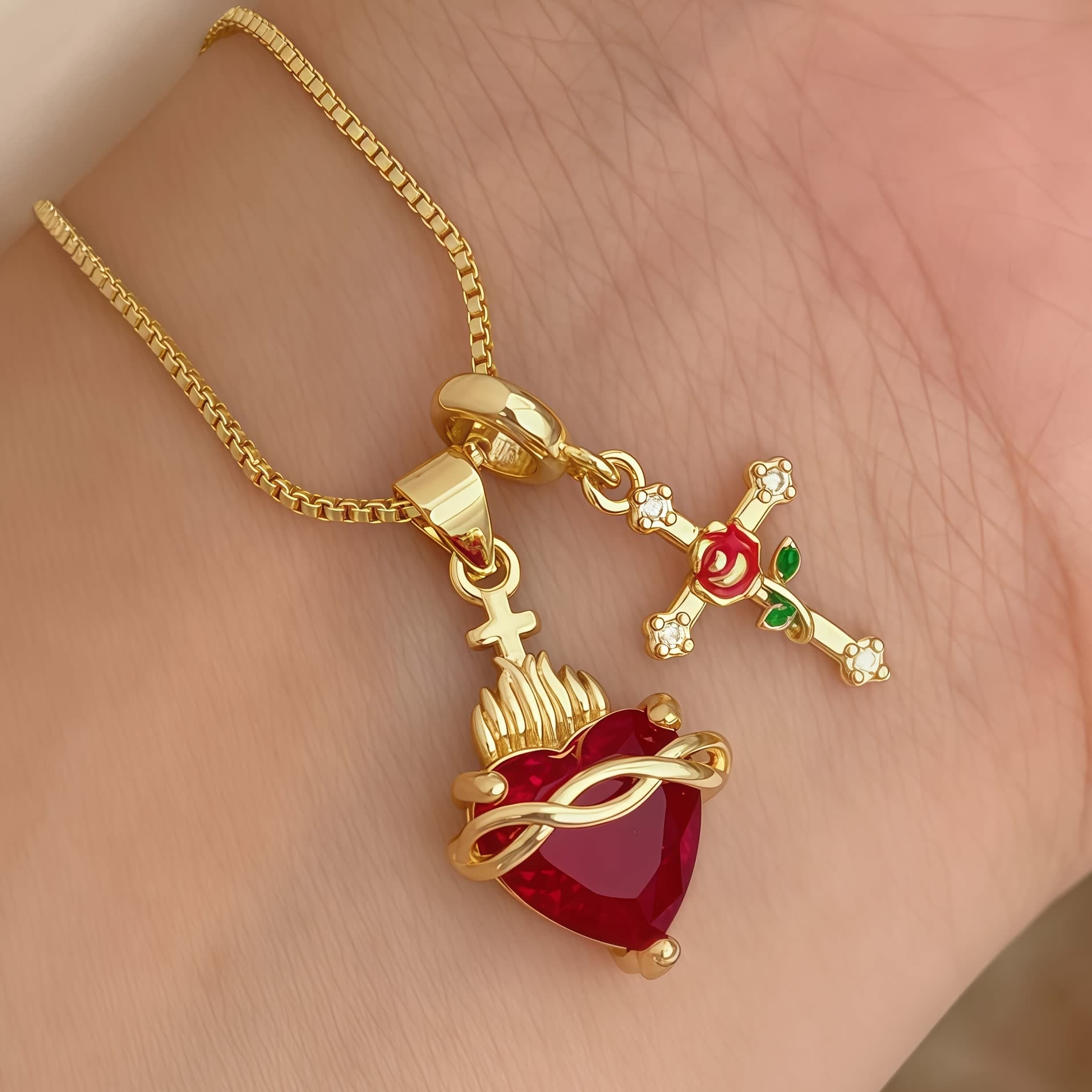 Sacred Heart and Rose Cross Pendant Necklace