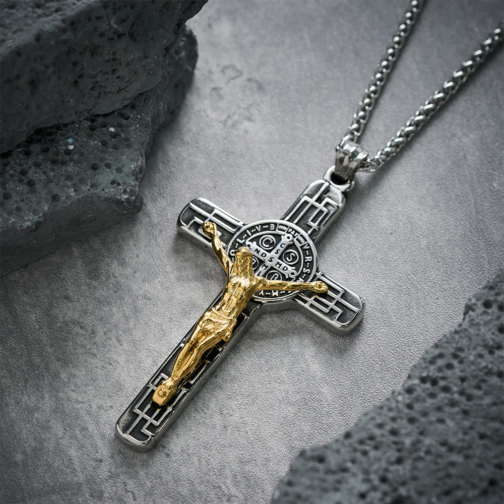 Classic Retro Style Crucifix and St. Benedict Medal Pendant Necklace