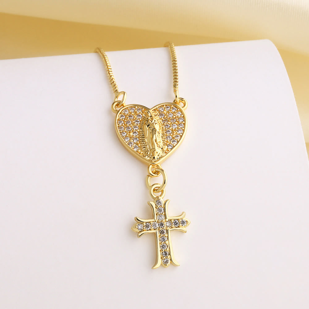 Zircon-Set Our Lady and St. Benedict Cross Heart Necklace