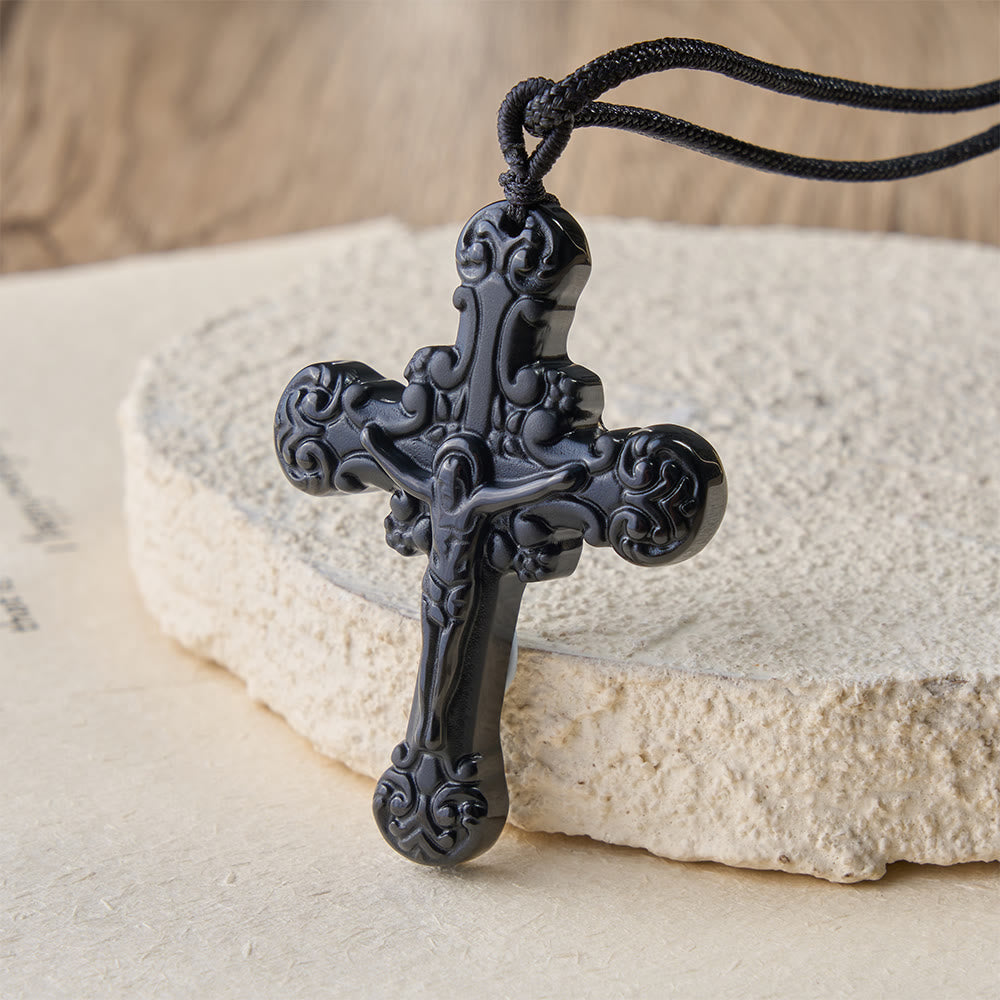 Classic Style Obsidian Crucifix Pendant Necklace