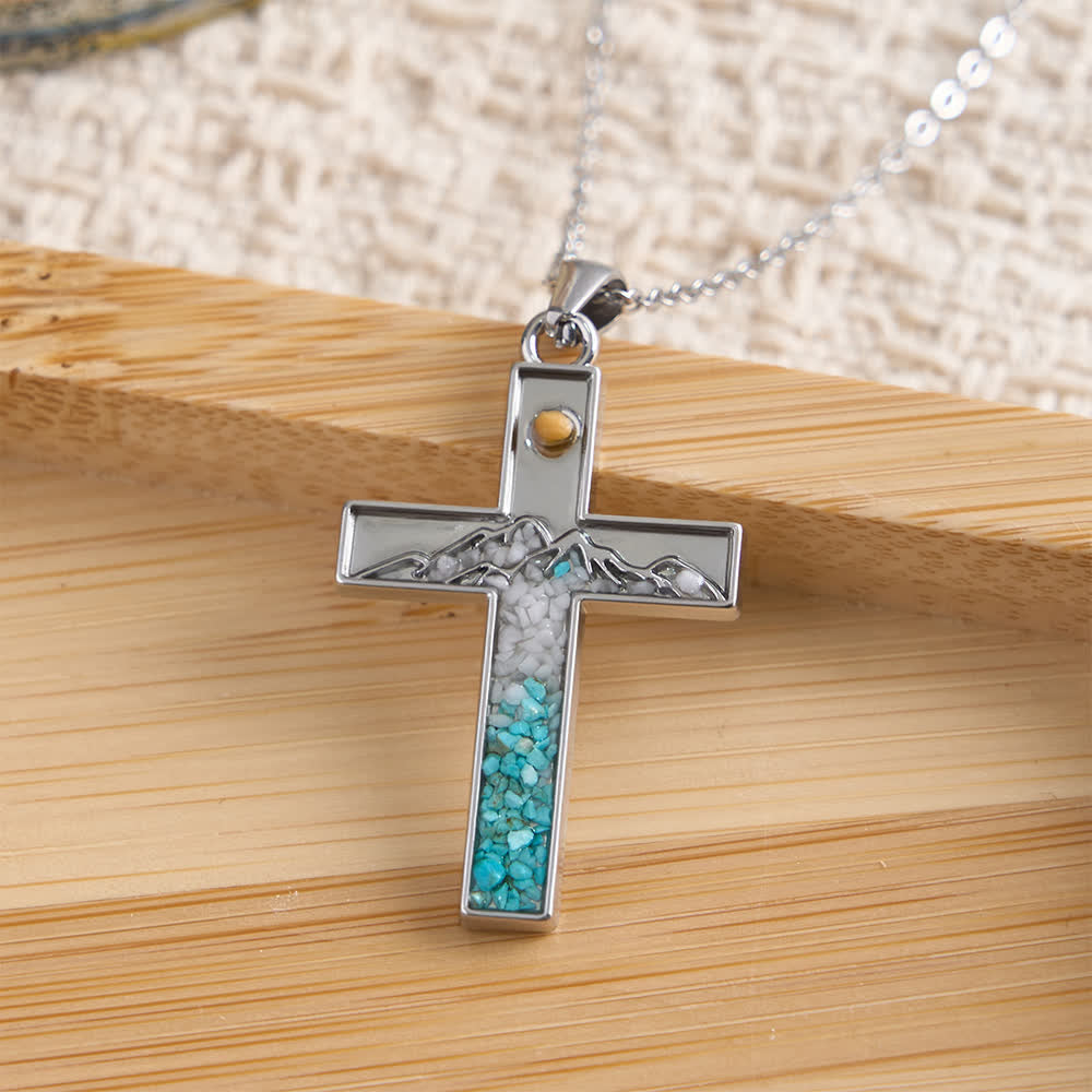 Mustard Seed Crescent Moon and Cross Necklace, Turquoise Inlay