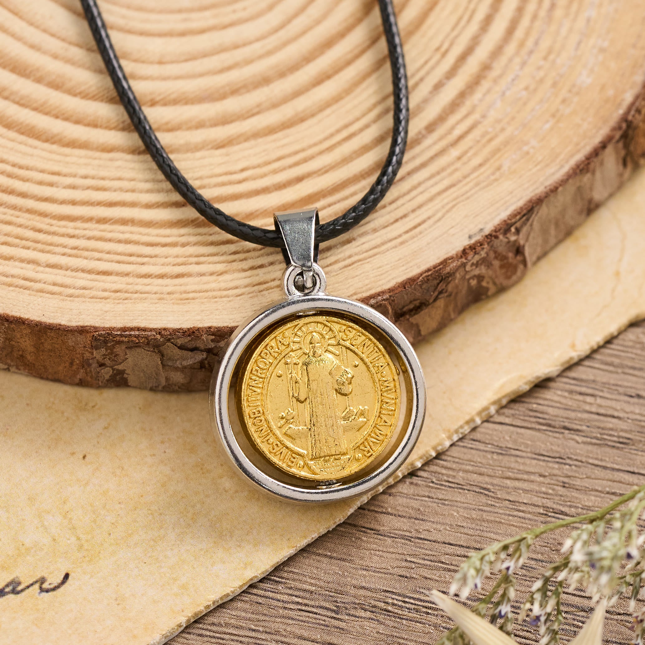 Rotatable St. Benedict Medal Two-Tone Pendant Necklace