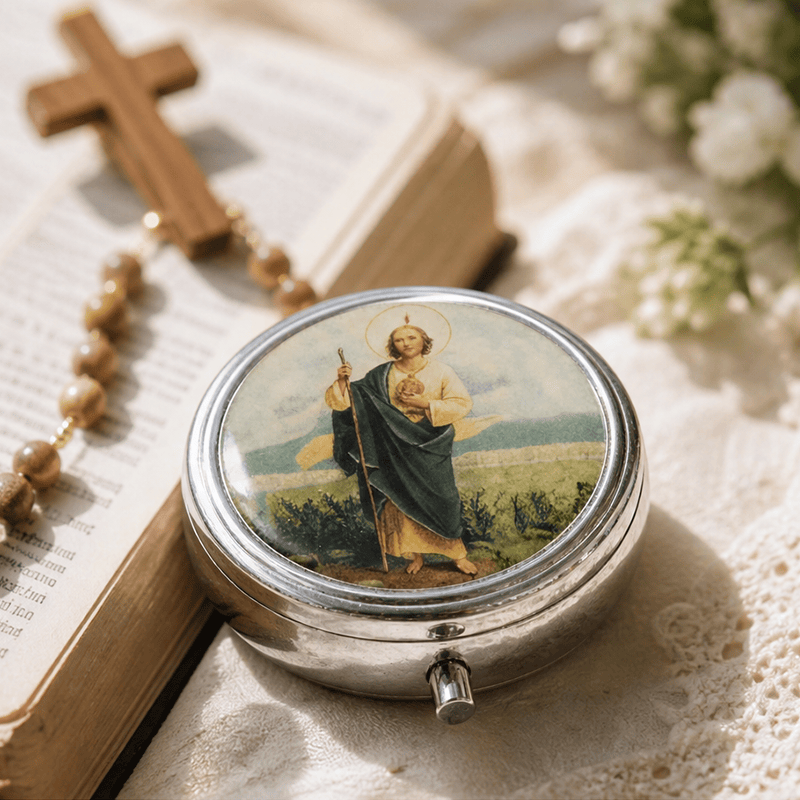 Vintage St. Jude and Our Lady of Guadalupe Epoxy Top Rosary Case