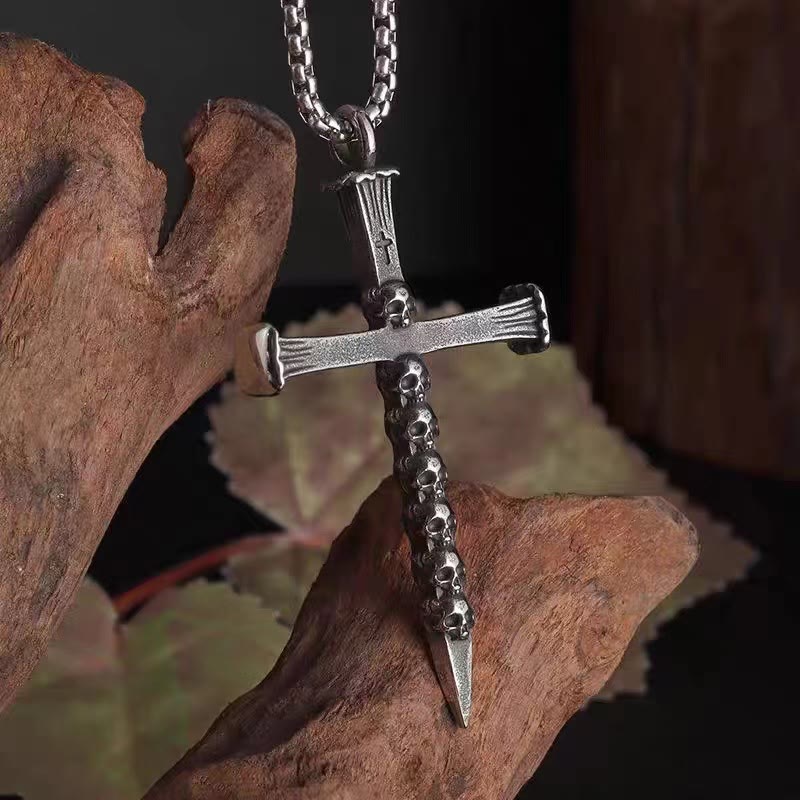 Skull Nail Cross Pendant Necklace