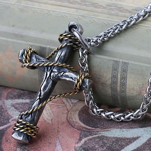 925 Sterling Silver and Brass Rope Forged Cross Necklace