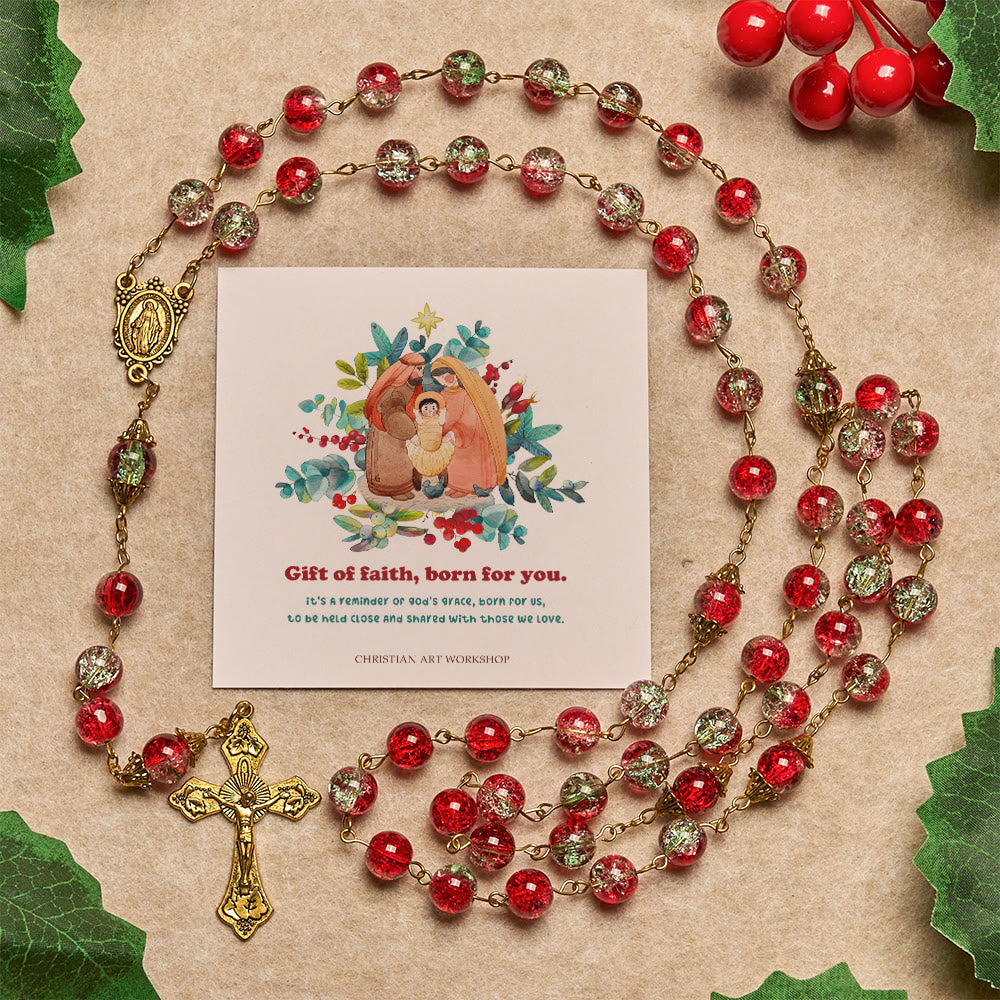 Christmas Red Bead Rosary with Golden Crucifix and Madonna Medal