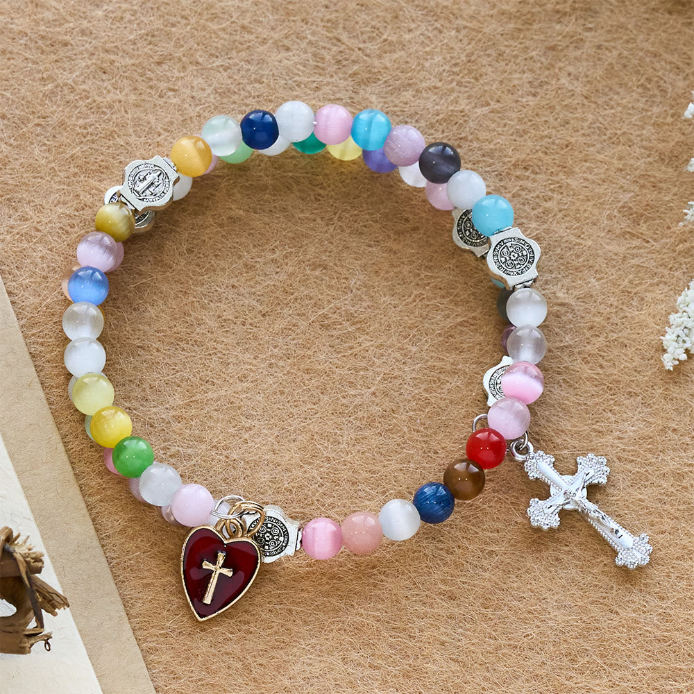 6mm Multicolor Cat's Eye Memory Wire Rosary Bracelet with St. Benedict Accents