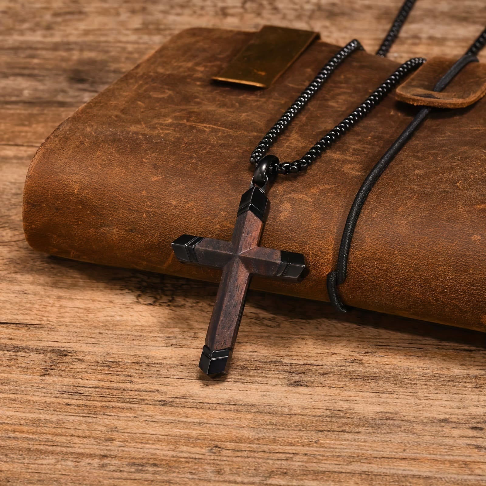 Two-Tone Stainless Steel Inlaid Solid Wood Cross Pendant Box Chain Necklace